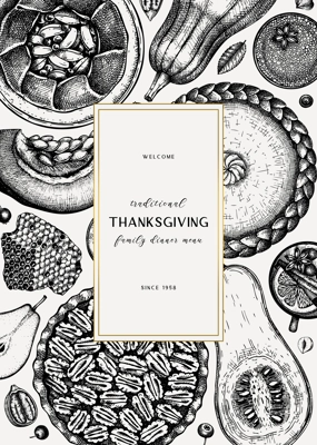 Thanksgiving desserts menu design. Hand sketched desserts with apple, pecan, pumpkin. Traditional pies for Thanksgiving dinner in vintage style. Top view autumn food background. Cooking at home design